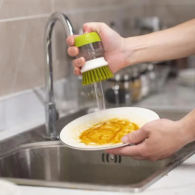 Multi-Use Soap Dispensing Dish Brush with Tray - Effortless Cleaning for Your Kitchen