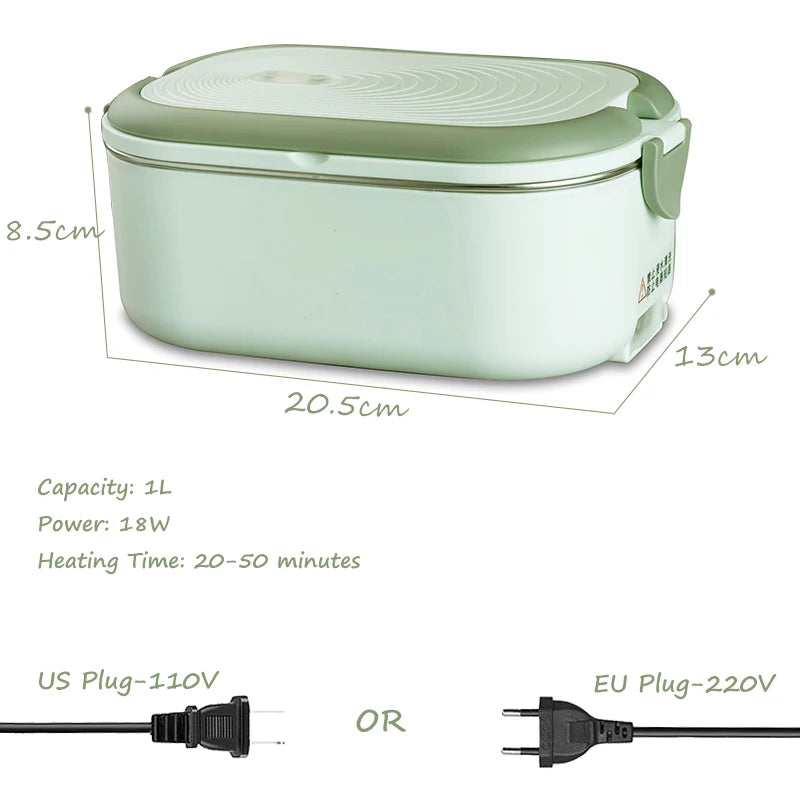 Electric Lunch Box 1L - Stainless Steel Food Warmer with EU/US Plug for School & Office - 220V/110V Thermostatic Heater 18W