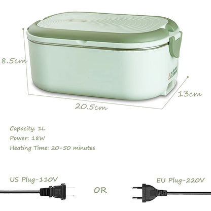Electric Lunch Box 1L - Stainless Steel Food Warmer with EU/US Plug for School & Office - 220V/110V Thermostatic Heater 18W